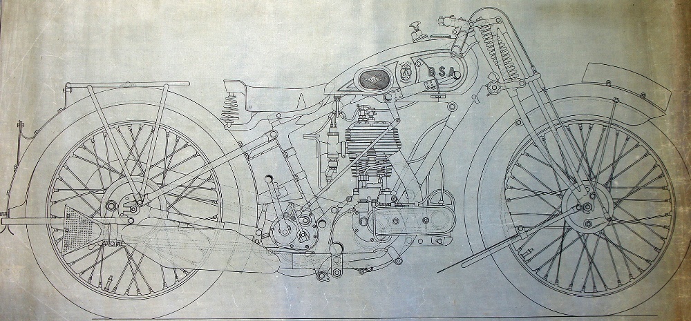 Original 1928 BSA Motorcycle Plans displaying the general arrangement of the BSA 4.93hp Standard (