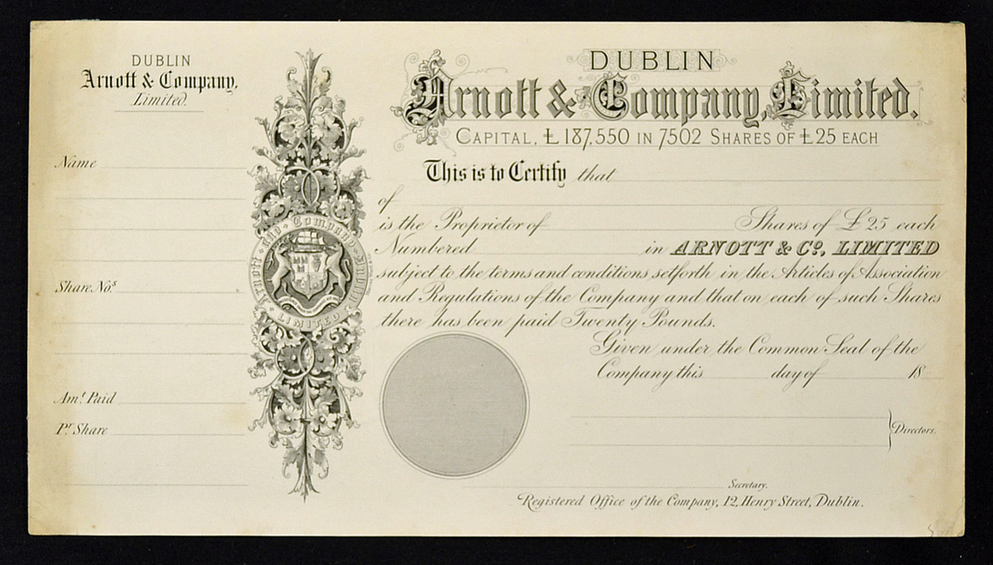 Great Britain Arnott & Company Ltd. Share Certificate Dublin, printers proof by Marcus Ward & Co.