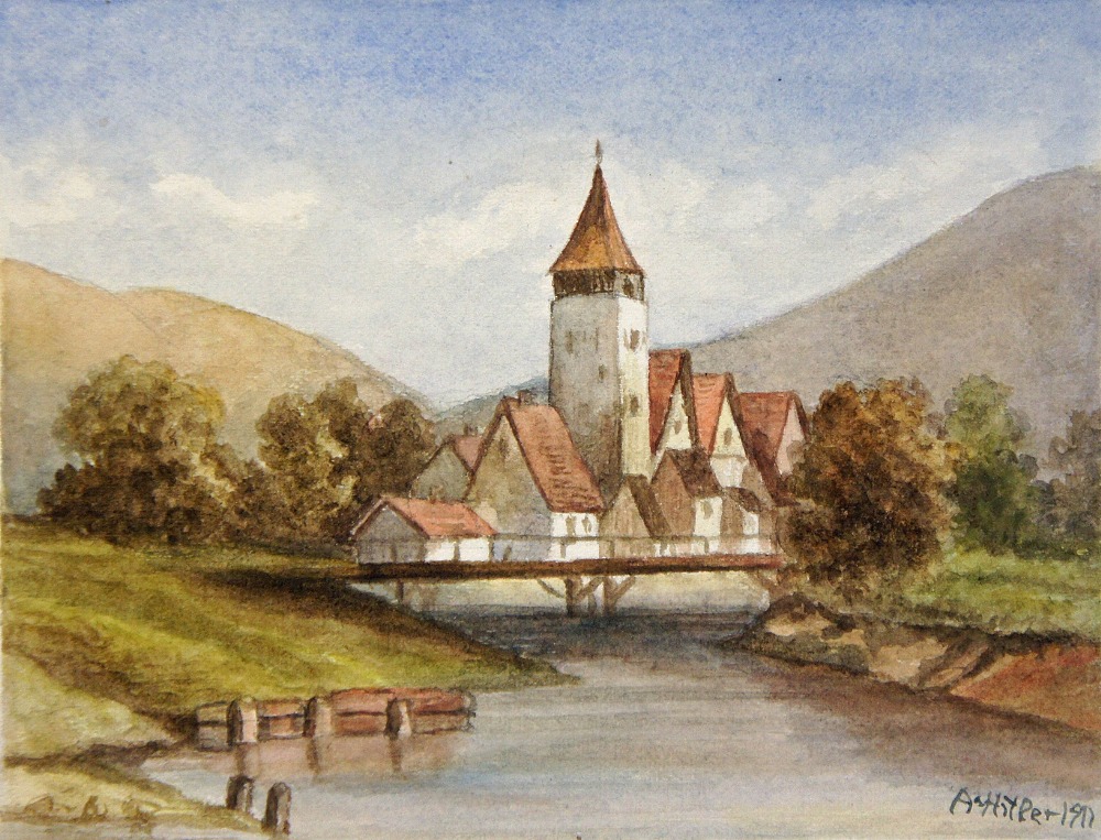 Adolf Hitler attributed watercolour date 1911 depicting a river scene with bridge and small