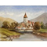 Adolf Hitler attributed watercolour date 1911 depicting a river scene with bridge and small