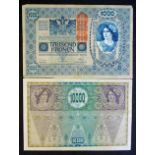 2x Austrian Banknotes 1000 and 10,000 Kronen notes 1000 24278 date 1902 and 10,000 68222 date