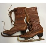 Pair of Ladies Vintage Ice Skating Boots brown leather lace up boots, Manfield and Sons, made