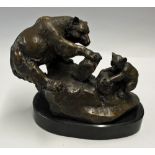 Bronze Mother Bear and Cub statue on a black oval marble base signed 'CM Russell' to the side,