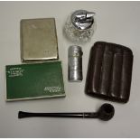 Smoking Accortements to include a Ronson Glass Table lighter, unusual Bruyere pipe measures 18cm,