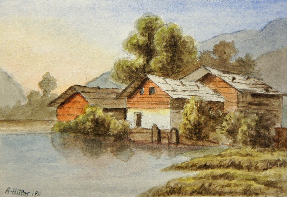 Adolf Hitler attributed watercolour date 1911 depicting a rural lake scene with buildings, signed