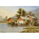 Adolf Hitler attributed watercolour date 1911 depicting a rural lake scene with buildings, signed