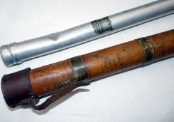 ROD TUBES: (2) Early Hardy bamboo rod tube 40"x2", leather base cap, leather removable top cap, c/