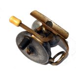 REEL: Malloch Erskine Patent multiplier side casting reel, 3.5" across backplate, black handle,