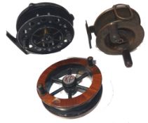 REELS: (3) Ogden Smith 4" brass sea fishing reel, correct oversized factory handles, line guide,