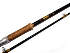 ROD: Hardy Fibalite Spinning rod, repair to tip, 10' 2 piece, black finish, green whipped guides,