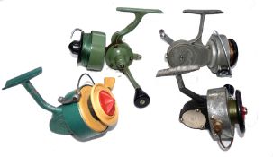 REELS: (4) Collection of 4 vintage spinning reels, La Dorada Chritin Patent reel, half bail green