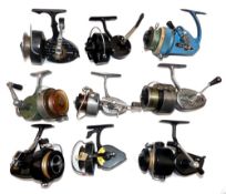 REELS: (9) Thomen Record Swiss built alloy spinning reel, RHW, screw fold handle, celluloid spool,