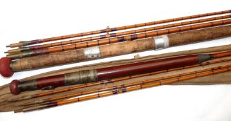 RODS: (2) Hardy 10' 3 piece + spare tip Palakona trout fly rod, No. 9927, stained wood handle, steel