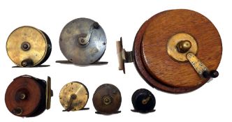 REELS: (7) An early all brass salmon crank wind winch, probably Scottish, serpent crank with black
