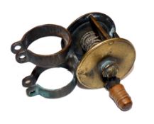 REEL: Early unusual twin collar fitting brass winch, 1.75" diameter, 1.5" wide, stubby crank arm,