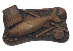 BRONZE: David Hughes sculpture cast bronze effect paper weight, 5.5"x3", showing rod, reel,