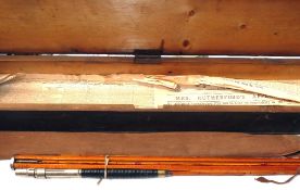 ROD BOX & ROD: Fine early USA pattern 10' 3 pce split bamboo trout fly rod with drop rings, spare