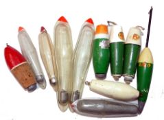FLOATS: (10) Collection of European casting or carp floats in balsa and celluloid, 3" to 5",