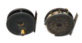 REELS: (2) Early Hardy Uniqua 3 1/8" alloy trout fly reel, white handle, horseshoe drum latch,