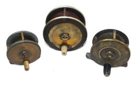 REELS: (4) Scare Jones & Co Duke St London brass and ebonite fly reel, 3.5" dia. white handle,