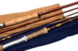 RODS: (2) Hardy Fibalite spinning rod 9'6" 2 piece, brown glass blank, whipped green, tipped red,