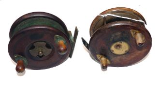 REELS: (2) D Slater Patent 3317 walnut, ebonite and brass combination reel, 4.5" diameter, 3 screw