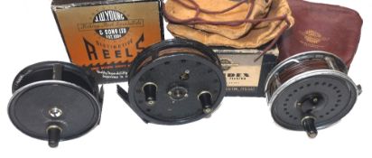 REELS: (3) JW Young Rapidex 4" trotting reel, in fine condition, smooth black finish backplate,