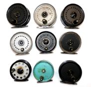 REELS: (9) Collection of nine JW Young alloy fly reels, incl. 3 x 3.75" models, 4 x 3.5" models, and