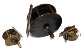 REELS: (3) Fine early all brass multi pillar salmon winch, 3.75" diameter, stubby crank arm and