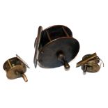 REELS: (3) Fine early all brass multi pillar salmon winch, 3.75" diameter, stubby crank arm and