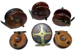 REELS: (6) Collection of six wood/brass Nottingham style spine back reels, 3.5" Milward's with check