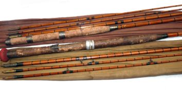 RODS: (2) Ogden Smith 11' 3 piece + spare short strong tip, split cane spinning/worming rod, red