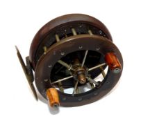 REEL: Rare 3" wood back Coxon Aerial reel, ebonite drum, 6 spoke with tension regulator, polished