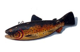DECOY: Fine hand carved wooden fish decoy, 8" long, metal fins, two lead pellets to base, line