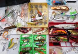 LURES: (Qty) Collection of plastic plugs and lures, USA and UK made, sinkers and floats of all