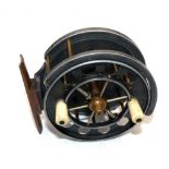 REEL: Fine 3" wide drum 6 spoke Aerial reel, faceplate stamped "Patent", twin ivory handles, 8 large