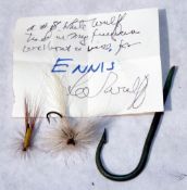 FLIES: Pair of Lee Wulff hand tied flies, #8 white wolf and one other, c/w signed note from Wulff to