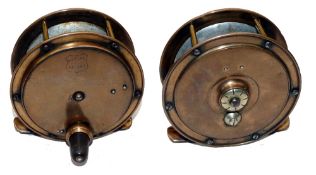 REEL: Rare Allcock Duplex Patent free spool all brass salmon fly reel, 4" diameter, shield logo to