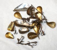 LURES: (Qty) Collection of vintage Mahseer fishing spoons in nickel and brass by Manton and