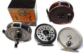 REELS: (4) Collection of 4 JW Young reels, a Landex 3.5" diameter reel, grey finish, fine, in MOB, a