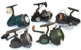 REELS: (5) Collection of five USA vintage surf casting reels, JC Higgins 535 spinning reel, black