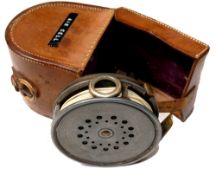 REEL & CASE: Hardy perfect 3-5/8" alloy trout fly reel, Dup Mk2 check, black handle, good smoke