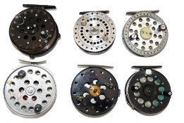 REELS: (6) Collection of 6 alloy centre pin trotting reels, K Dowling 3.75" reel, marbled handle,