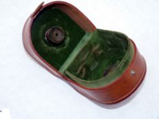 REEL CASE: Fine Allcock Aerial block leather reel case, internal diameter 3.5", green baize lined,