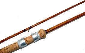 ROD: B James & Sons England Grebe split cane rod, 8'6', 2 piece, burgundy close whipped, red agate