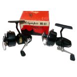 REELS: (2) Two Mitchell spinning reel variants, Olympic No 81 spinning reel, black finish, screw