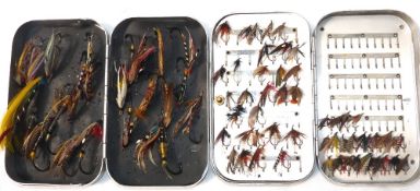 FLIES: Collection of 20 vintage large gut eye traditional salmon flies, varied patterns, hooks to 2"