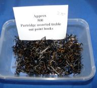 HOOKS: Approximately 500 Partridge assorted treble out point hooks, barbed.
