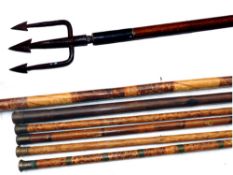 ACCESSORIES (7): Collection of 6 vintage bamboo landing net and tip tube handles with brass