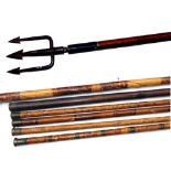 ACCESSORIES (7): Collection of 6 vintage bamboo landing net and tip tube handles with brass